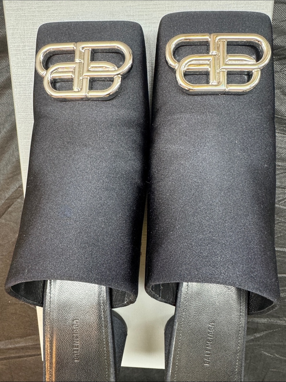 Balenciaga Black Satin Mules with Silver BB Emblem